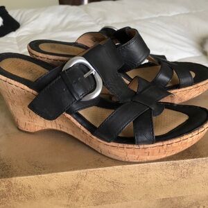 Black Leather Currie Sandals with Cork heels made by Born